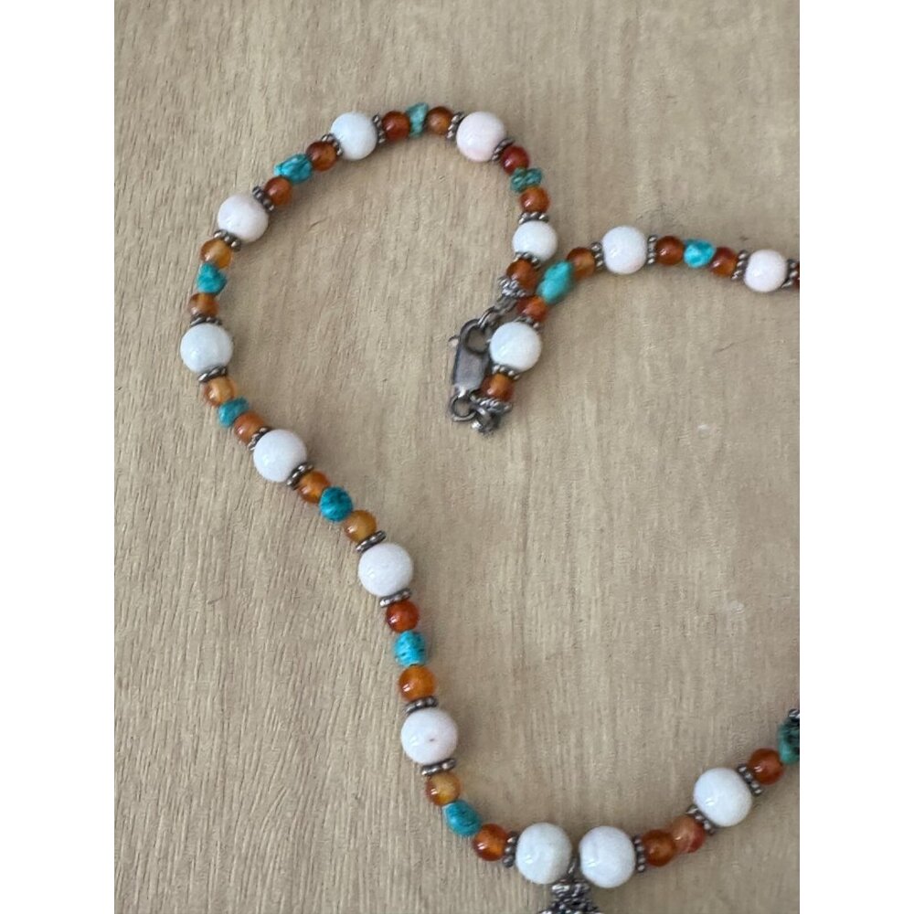 Vintage Tiger Eye Beaded Necklace Turquoise Pendant 32 Inches Stone Metal - Picture 6 of 11